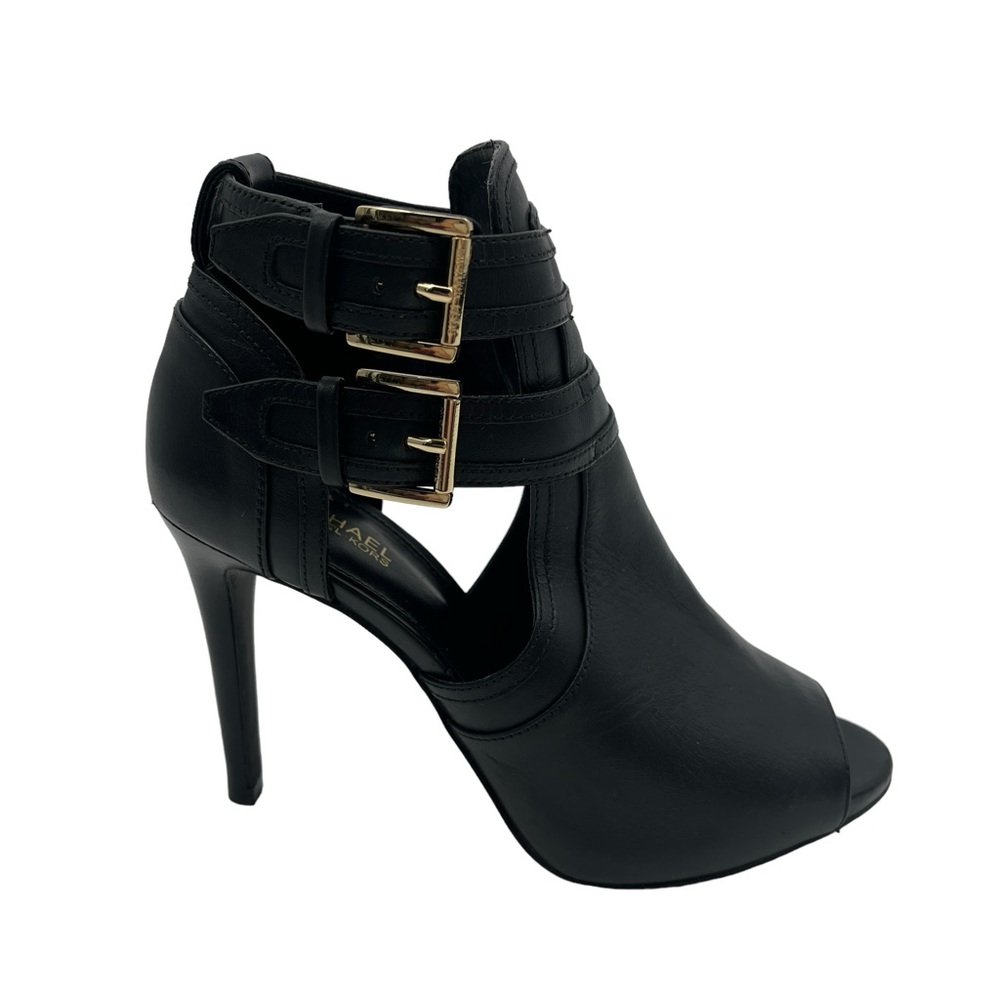NEW Michael Kors Black Leather Open Peep Toe Booties Stiletto Boots Size 5.5